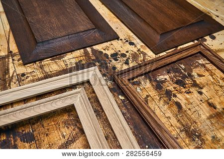 Wood Panels And Moldings For Entrance Door. Wood Door Manufacturing Process. Furniture Manufacture.