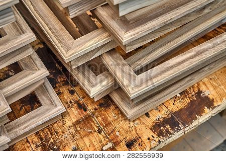 Wood Door Manufacturing Process. Wooden Moldings For Entrance Door. Furniture Manufacture.