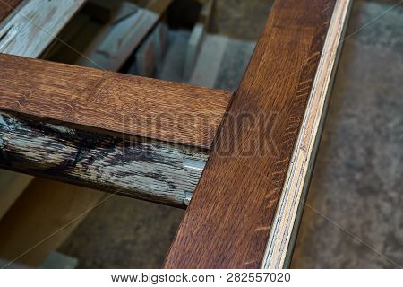 Wood Door Manufacturing Process. Door Frame, Painted In Dark Color. Furniture Manufacture.