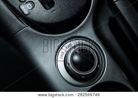 Novosibirsk, Russia - February 05, 2019:  Mitsubishi Outlander,  Close-up Of The Buttons: 4wd, 2wd A
