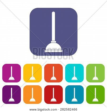Toilet Plunger Icons Set Illustration In Flat Style In Colors Red, Blue, Green, And Other
