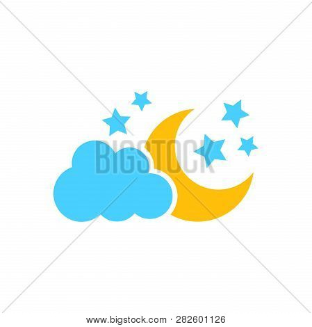 Moon And Stars With Clods Vector Icon In Flat Style. Nighttime Illustration On White Isolated Backgr