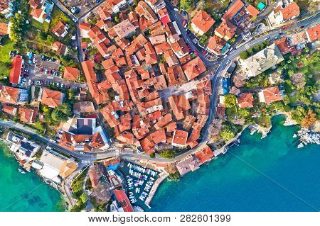 Town Of Lovran Historic Center And Coastline Aerial View, Kvarner Bay Of Croatia