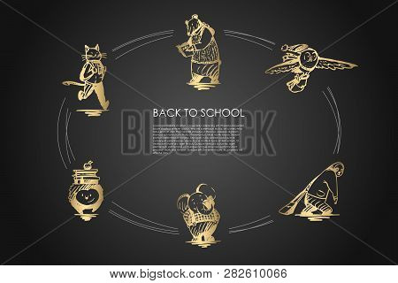 Back To School - Cat With Satchel, Bear With Book, Bird With Bag, Panda With Schoolbag, Hedgehog Wit