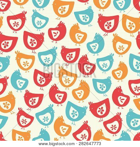 Vector Colorful Hen Chicks Seamless Repeat Pattern Background.