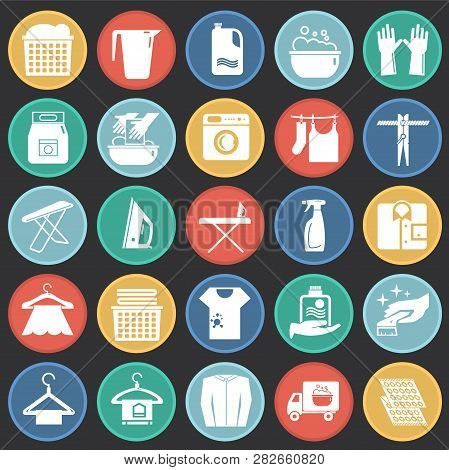 Laundry Icons Set On Color Circles Black Background For Graphic And Web Design, Modern Simple Vector