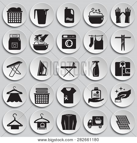 Laundry Icons Set On Plates Background For Graphic And Web Design, Modern Simple Vector Sign. Intern