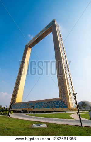 Dubai, United Arab Emirates - October, 2018: Dubai Frame Building At Sunny Day