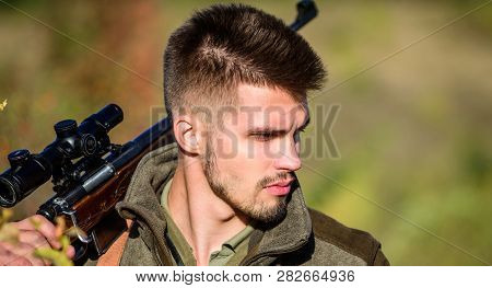 Army Forces. Camouflage. Military Uniform Fashion. Bearded Man Hunter. Hunting Skills And Weapon Equ