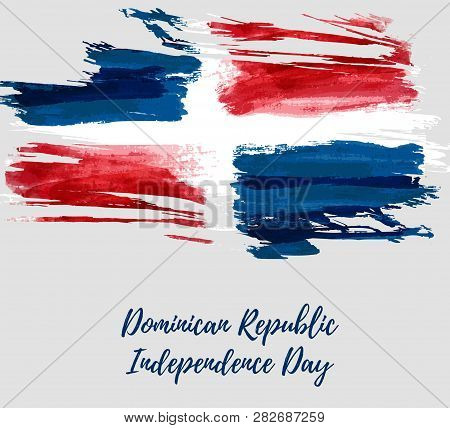 Abstract Watercolor Paint Brushed Flag Of Dominican Republic In Grunge Shape. Dominican Republic Ind