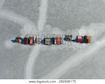 Fishing Houses On A Frozen Lake At Bokod, Hungary