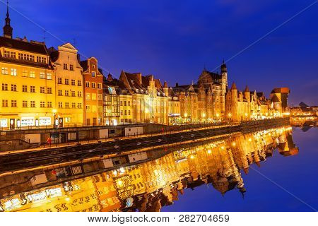 Night Panorama Of Gdansk, Moltawa Riverside In Poland