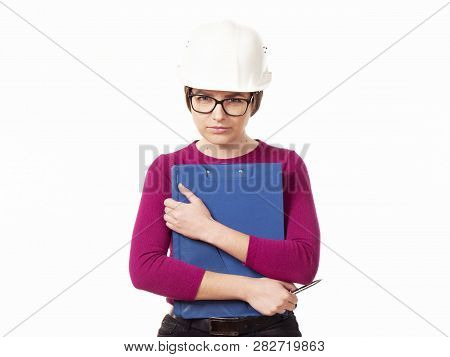 Emotional Girl Brigadier In A White Helmet With Glasses And A Folder In His Hands On A White Backgro