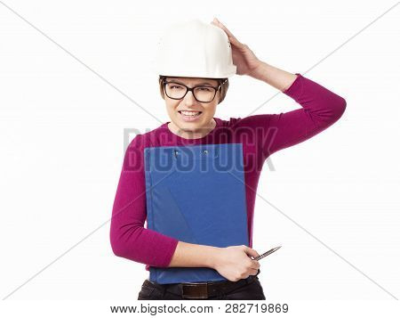 Emotional Girl Brigadier In A White Helmet With Glasses And A Folder In His Hands On A White Backgro