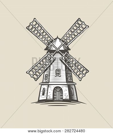 Windmill, Mill Logo Or Label. Farm, Agriculture Symbol. Sketch Vector Illustration