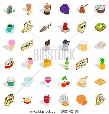 Food And Drink Icons Set. Isometric Style Of 36 Food And Drink Icons For Web Isolated On White Backg