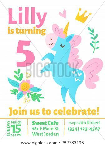 Cute Vector Birthday Invitaition With Funny Unicorn