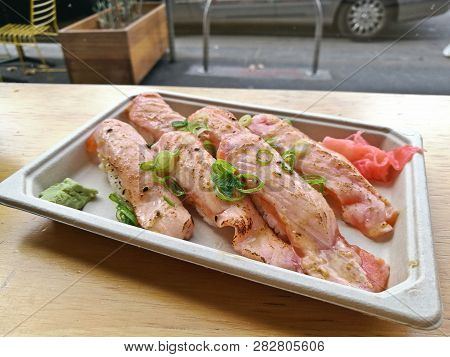 Aburi Slightly Grilled Fatty Salmon Belly Nigiri Sushi