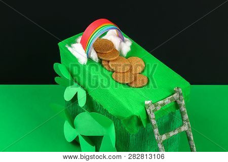 Diy Leprechaun Trap With Gold Coins, Rainbow And Green Ladder St Patricks Day Background. Gift Idea,
