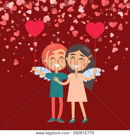 Enfolding Smiling Girl And Boy Holding Heart-shaped Balls Vector. Holiday Card In Red Color, Portrai