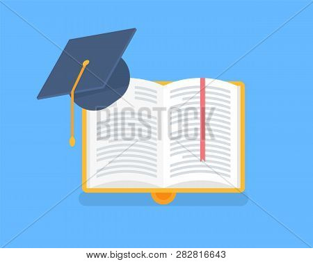 Book In Yellow Cover With Academic Cap. Education In University, Science And Symbol Of Higher Knowle