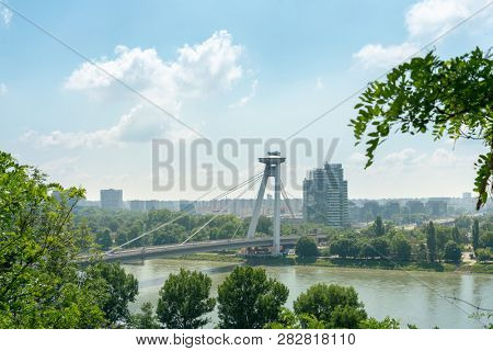 BRATISLAVA, SLOVAKIA - June 27, 2018: Most SNP UFO Bridge in Bratislava, Slovakia