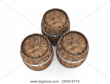 Wooden Barrel With Iron Hoops Isolated On White Background. 3d Rendering. Old Barrel With Rust On Th