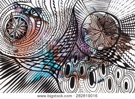 Abstract Black Circle Ornament Hand Drawn By Black Ink Above Painted Imprint On Sheet Of Paper Drawn
