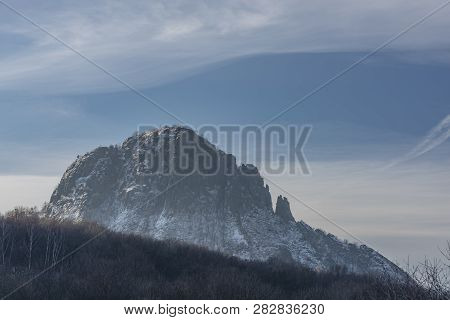 Sunrise On Boren Hill Near Bilina Town In Winter Frosty Color Morning With Pine Tree
