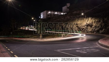 Car Lights Effect At Night, Puerto Rico, Gran Canaria Island