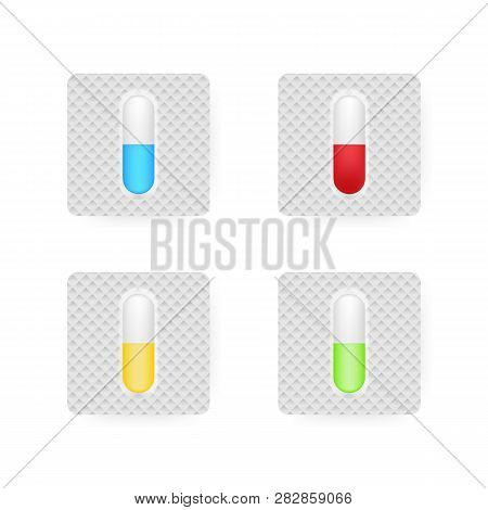 Realistic Pills Blister With Capsules On White Background. Realistic Mock-up Of Pills Packaging Medi