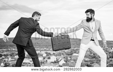 Fraud And Extortion Concept. Rascal Racketeer Extortionist Cheating Handover. Men Suits Handover Bri