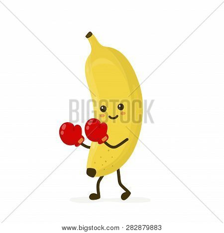 Cute Smiling Strong Banana Fighting In Boxing Gloves.vector Flat Cartoon Character Illustration Icon