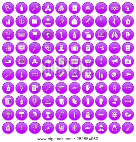 100 Violation Icons Set In Purple Circle Isolated Illustration