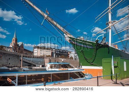 HAMBURG, GERMANY - JULY 24, 2018 : Street view of Cruise ship in the harbor, Hamburg, Germany.