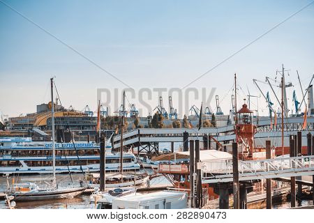 HAMBURG, GERMANY - JULY 24, 2018 : Street view of Cruise ship in the harbor, Hamburg, Germany.