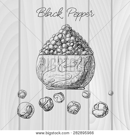 Grains Of Black Pepper In A Wooden Bowl. Hand Drawn Black Pepper. Vector Illustration Of A Sketch St