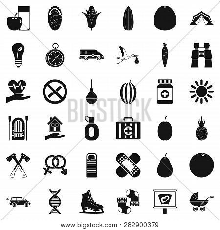 Child Condition Icons Set. Simple Style Of 36 Child Condition Icons For Web Isolated On White Backgr