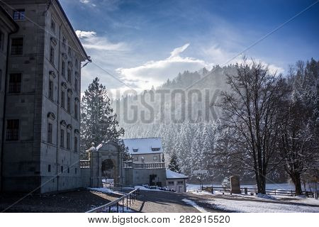 Winter Woods Near Beautiful Pilgrimage Site In Switzerland