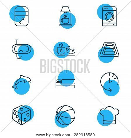 Illustration Of 12 Travel Icons Line Style. Editable Set Of Dolphin, Check Out Time, Tea With Croiss
