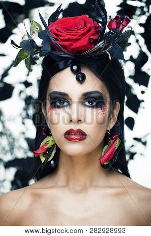 Pretty Brunette Woman With Rose Jewelry, Black And Red, Bright Make Up Kike A Vampire Closeup Red Li