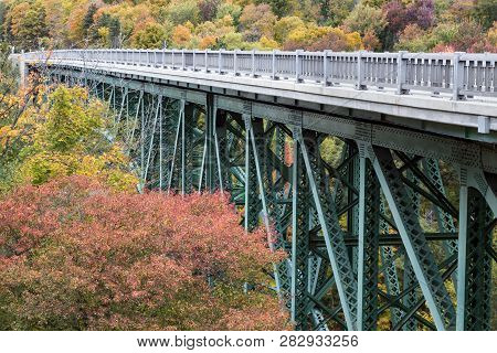 U.s. Highway 2 Crosses The Cut River Bridge Surrounded By The Beautiful Fall Foliage Along Lake Mich