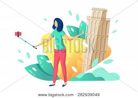 Flat Young Beauty Girl Tourist With Selfie Stick, Cellphone On Background With Tower Of Pisa. Concep