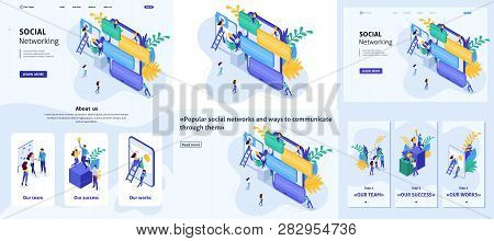 Set Template Design Article, Landing Page, App Design, Isometric Concept Communication Of Young Peop