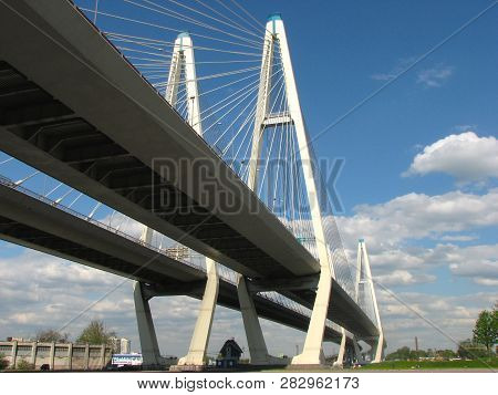 Bottom View Of The Big Obukhovsky Bridge In Sunny Summer Day In St. Petersburg, Russia. Cable Bridge
