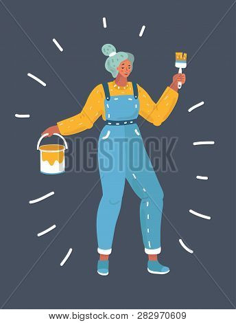 Vector Illustration Of Woman Painter With Brush On Dark Back.