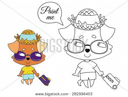 A Dog With Hanging Ears In Summer Clothes, Sunglasses, A Straw Hat Rolls A Suitcase For Travel. Colo