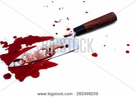 Deba Knife Bloody On Wood Background, Social Violence Halloween Concept