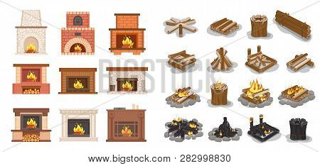 Fireplace Isolated Icons Set Logs Wooden Material Vector. Furniture Home Decoration, Stone And Brick