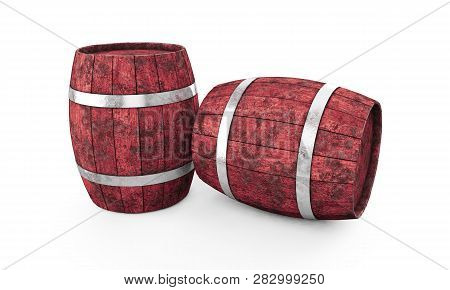 Wooden Barrel With Iron Hoops Isolated On White Background. 3d Rendering. Old Barrel With Rust On Th